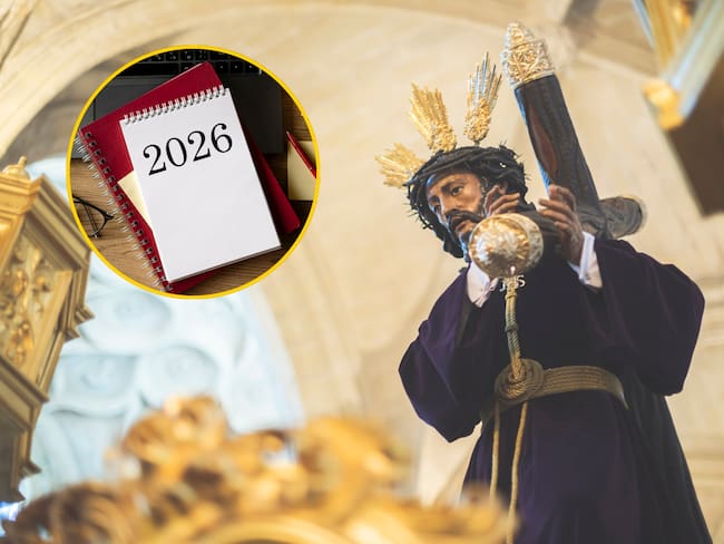 Escultura de Jesucristo y al lado un calendario de 2026 que refleja cuándo será la Semana Santa el próximo año. Fotos: Getty Images.