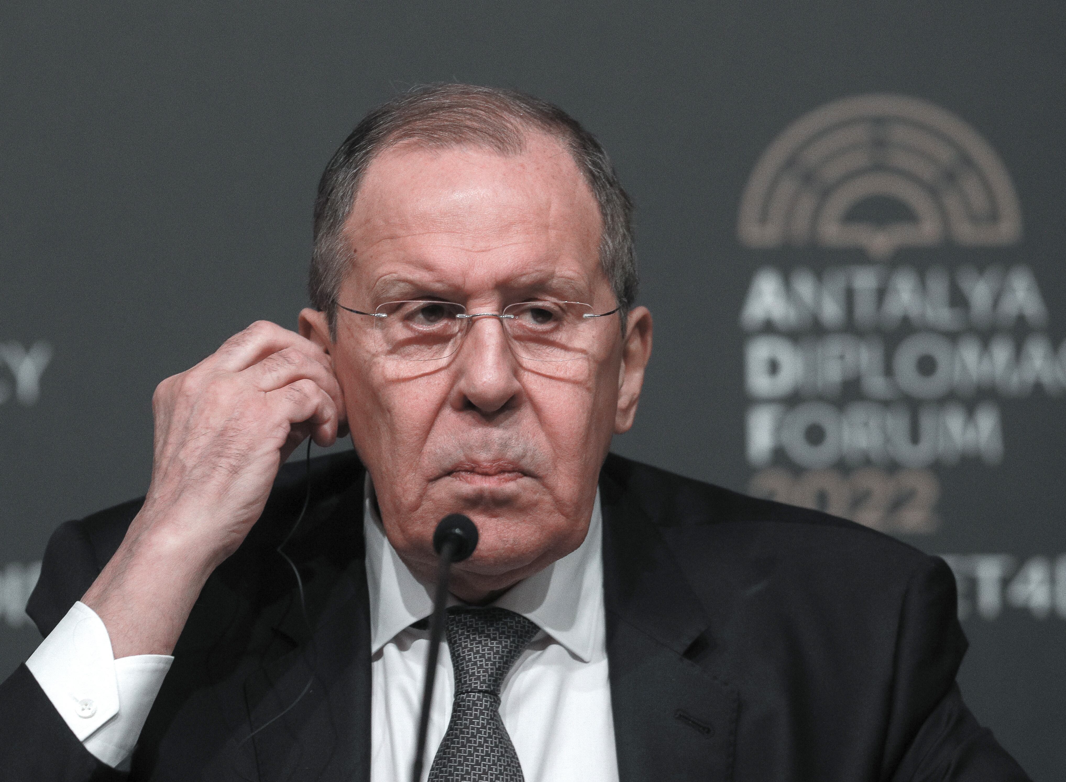 ANTALYA, TURKEY - MARCH 10: Russian Foreign Minister Sergey Lavrov holds a press conference after the meeting with Ukraine in Antalya on March 10, 2022 in Antalya, Turkey. (Photo by Rıza Özel/ dia images via Getty Images)