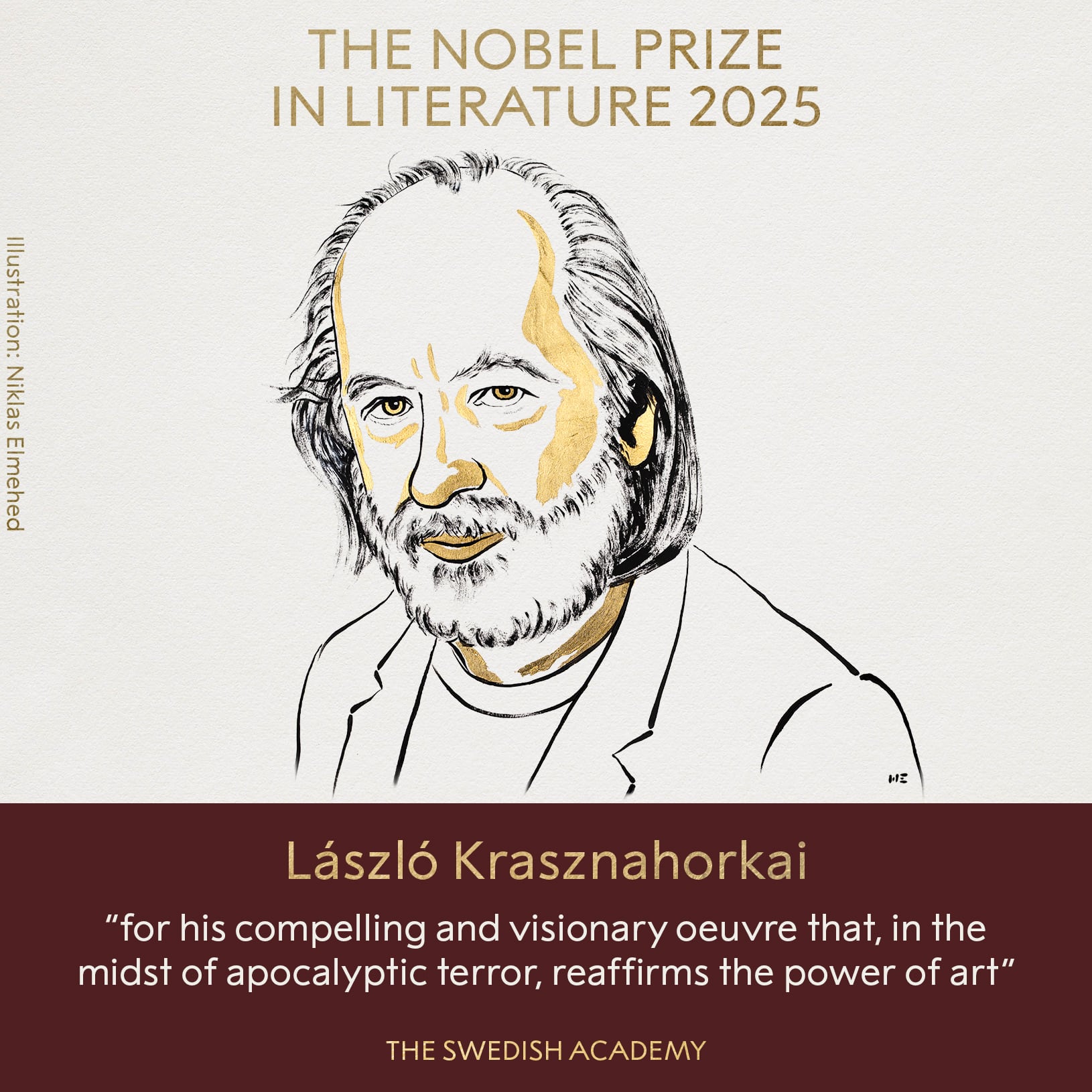 El húngaro László Krasznahorkai es el ganador del Premio Nobel de Literatura. Foto tomada del perfil de X @NobelPrize