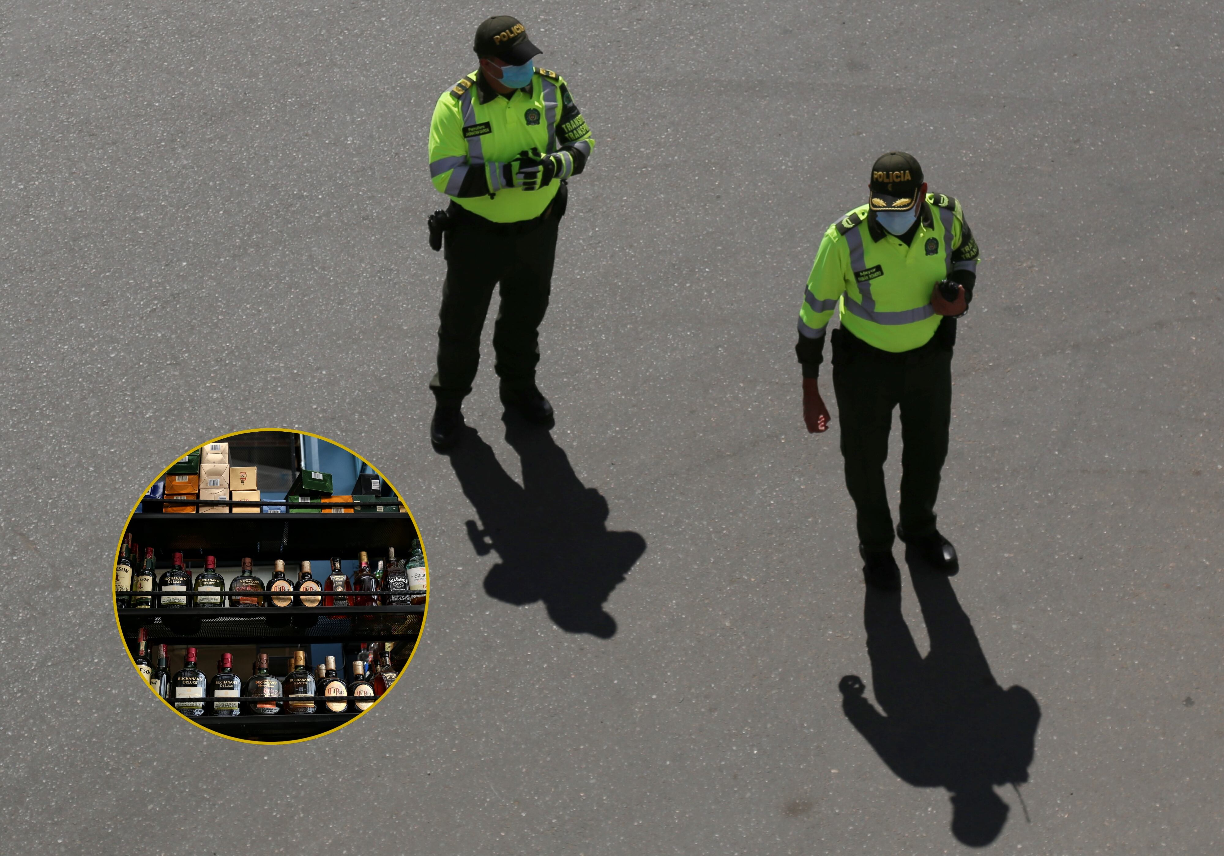Imagen de referencia de policías de tránsito (Colprensa - Camila Díaz) y de una estantería con licor (Colprensa - Álvaro Tavera)