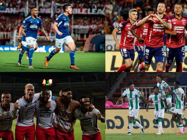 Collage Millonarios, Atlético Nacional, Independiente Medellín y América de Cali. Fotos: Colprensa y redes sociales.