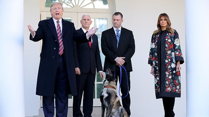 Trump presenta a Conan, el “héroe canino” que participó en la redada a un líder del EI. Foto: Getty Images