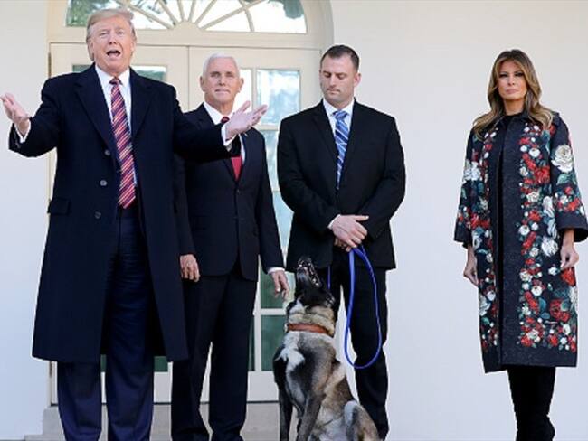 Trump presenta a Conan, el “héroe canino” que participó en la redada a un líder del EI. Foto: Getty Images