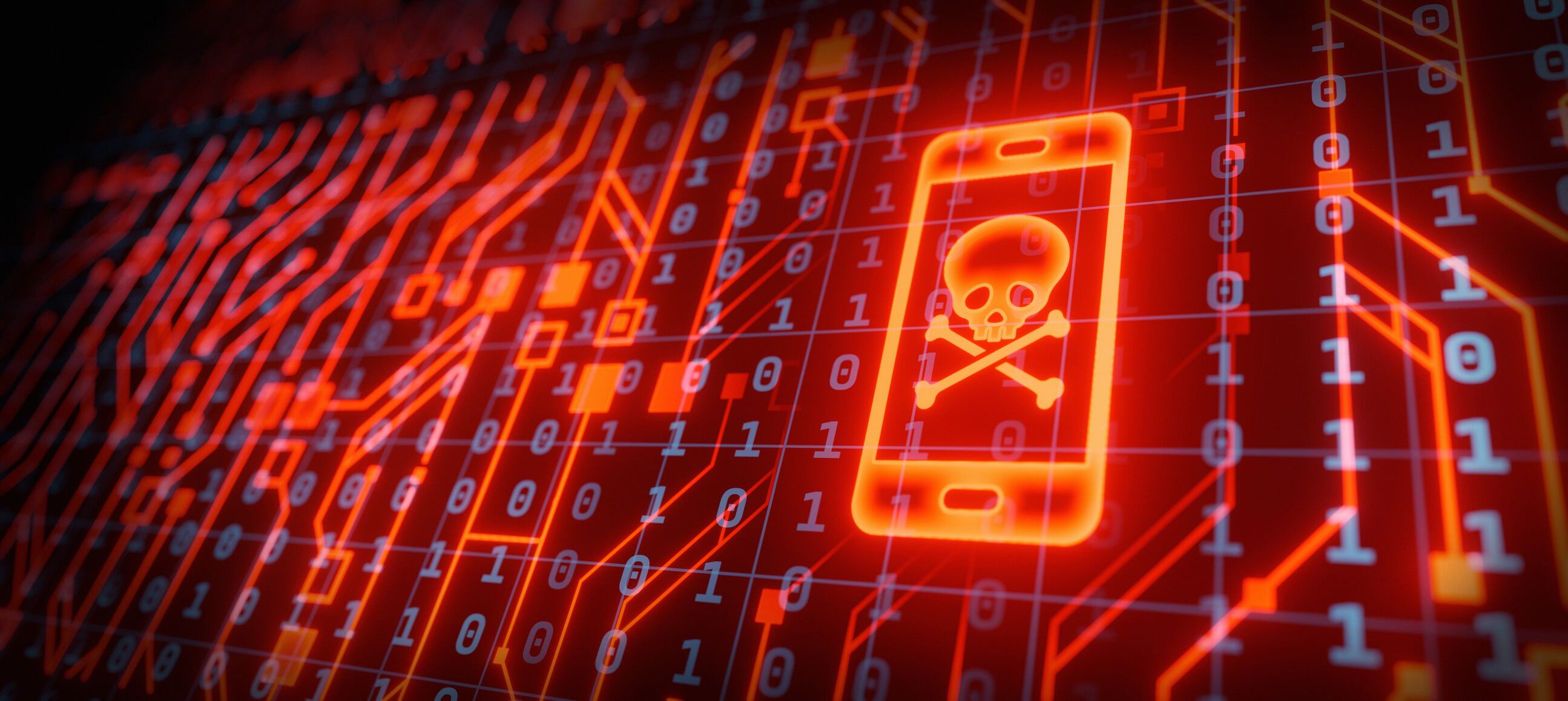 abstract binary skull with mobile phone symbol data network technology banner background wallpaper