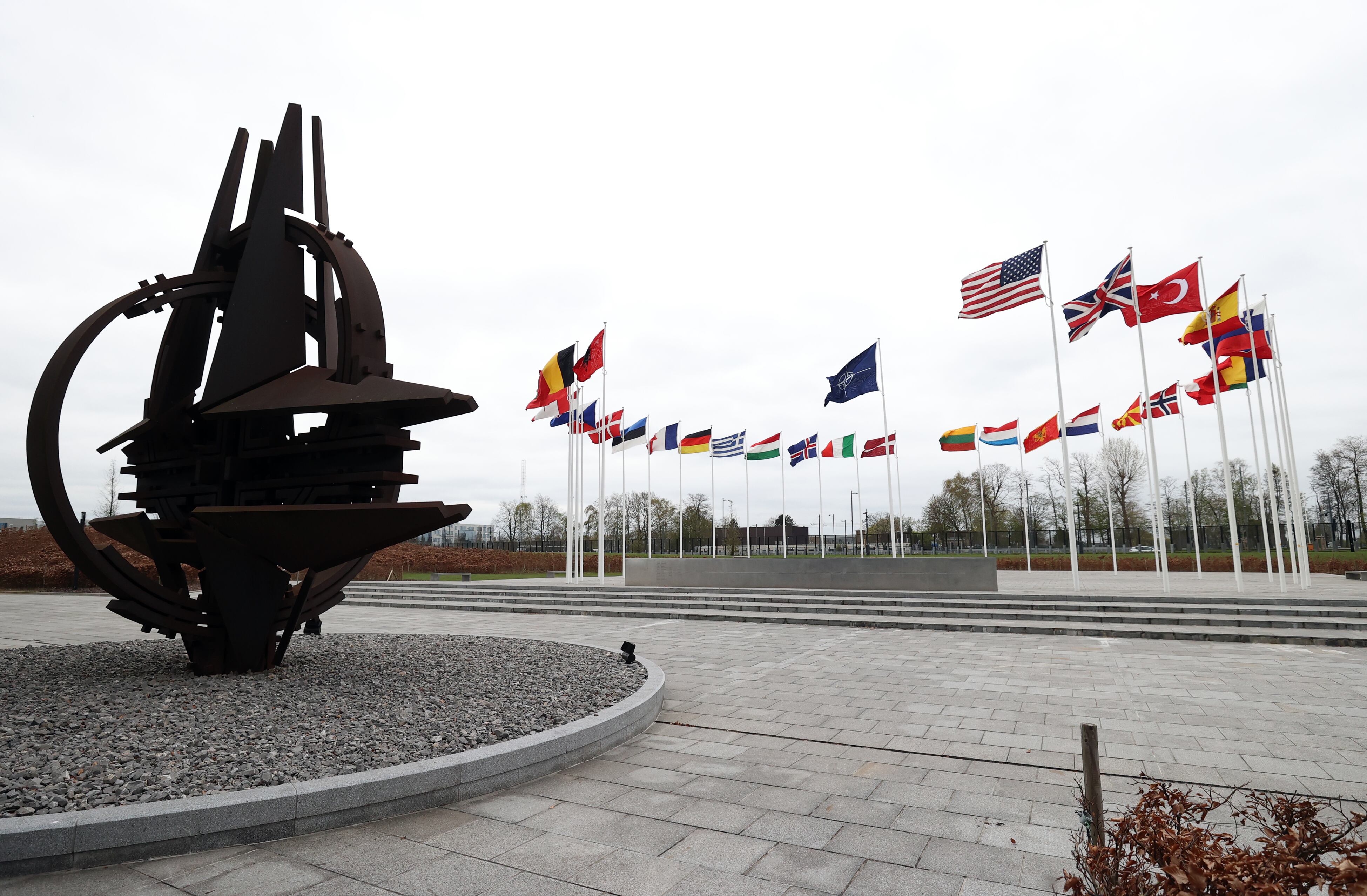 BRUSSELS, BELGIUM - APRIL 6: The flags of member countries of North Atlantic Treaty Organization (NATO) are seen ahead of NATO Foreign Ministers meeting at NATO Headquarters in Brussels, Belgium on April 6, 2022. (Photo by Dursun Aydemir/Anadolu Agency via Getty Images)
