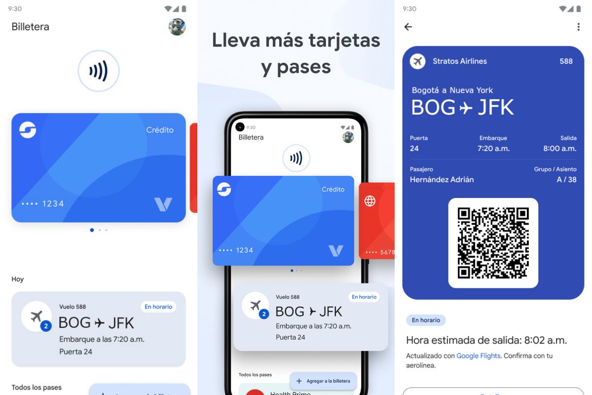 Screenshots de la nueva billetera de Google en Colombia. Foto: Cortesía.