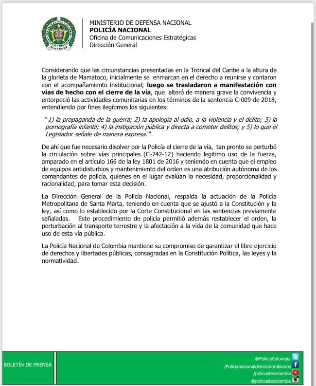 Dirección de la Policía respalda actuación de la Metropolitana en Santa Marta