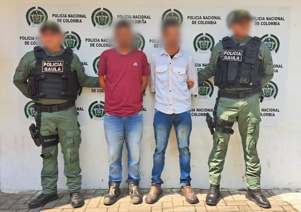 Capturan a dos presuntos extorsionistas en la zona céntrica de Montelíbano, Córdoba. Foto: prensa Policía Córdoba.