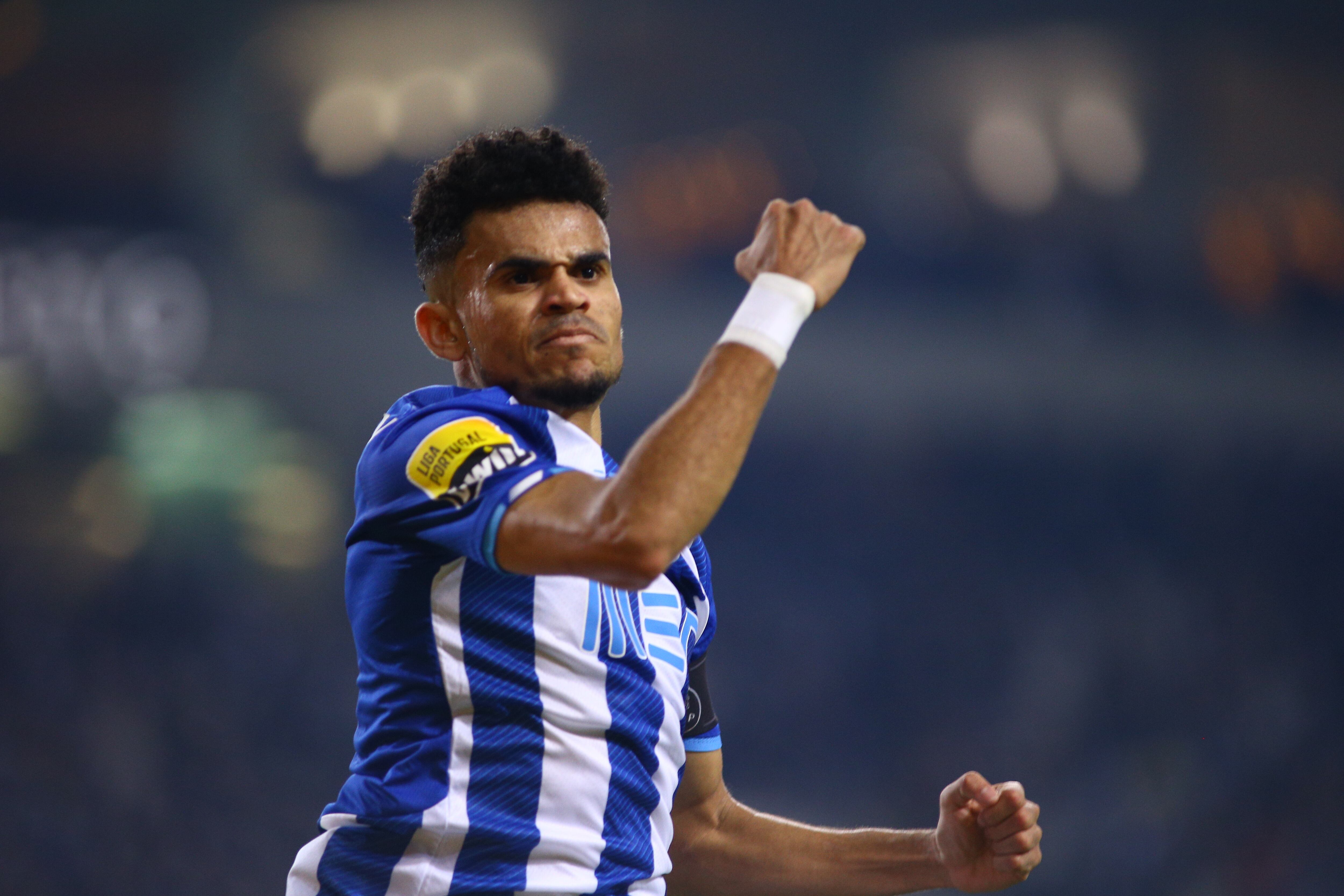 PORTO, PORTUGAL - JANUARY 23: Luis Diaz of FC Porto celebrates after scoring his team's second goal during the Liga Portugal Bwin match between FC Porto and FC Famalicao at Estadio do Dragao on January 23, 2022 in Porto, Portugal. (Photo by Diogo Cardoso/DeFodi Images via Getty Images)