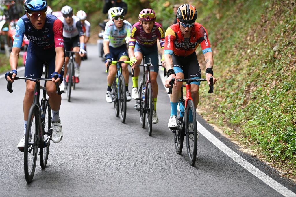 RIVOLI, ITALY - MAY 18: (L-R) Marco Frigo of Italy and Team Israel - Premier Tech and Jasha Sütterlin of Germany and Team Bahrain - Victorious compete in the breakaway during the 106th Giro d'Italia 2023, Stage 12 a 185km stage from Bra to Rivoli / #UCIWT / on May 18, 2023 in Rivoli, Italy. (Photo by Tim de Waele/Getty Images)