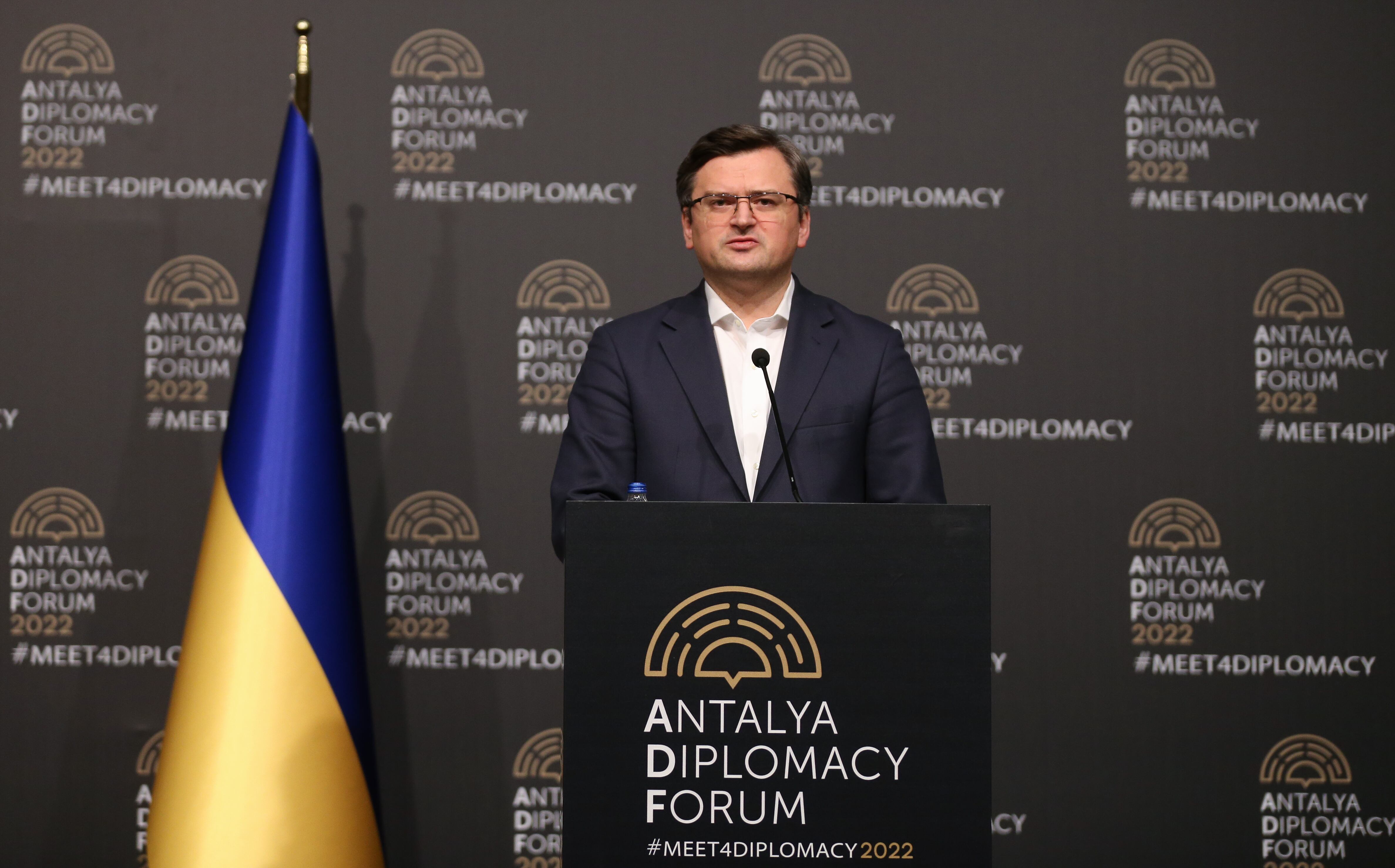 ANTALYA, TURKIYE - MARCH 10: Ukraine's Foreign Minister Dmytro Kuleba holds a press conference after Russia-Turkiye-Ukraine tripartite Foreign Ministers meeting at the Antalya Diplomacy Forum in Antalya, Turkiye on March 10, 2022. (Photo by Orhan Cicek/Anadolu Agency via Getty Images)