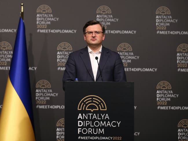 ANTALYA, TURKIYE - MARCH 10: Ukraine's Foreign Minister Dmytro Kuleba holds a press conference after Russia-Turkiye-Ukraine tripartite Foreign Ministers meeting at the Antalya Diplomacy Forum in Antalya, Turkiye on March 10, 2022. (Photo by Orhan Cicek/Anadolu Agency via Getty Images)