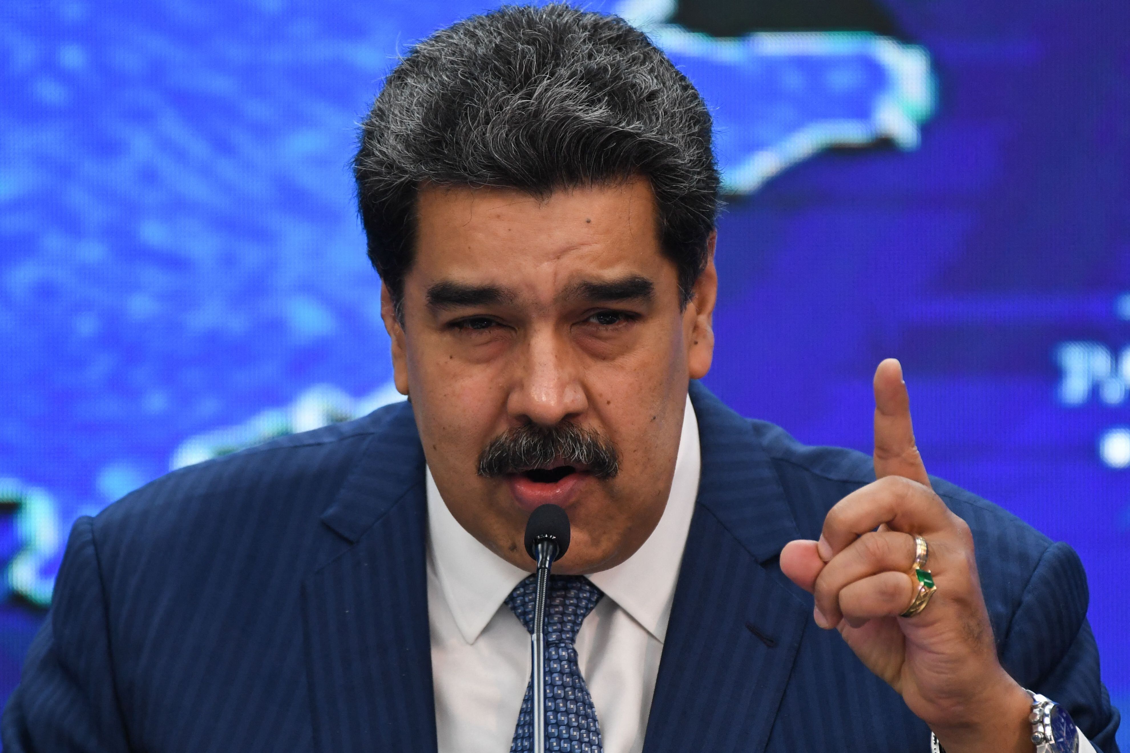Venezuelan President Nicolas Maduro speaks during a press conference with international media correspondents at the Miraflores Presidential Palace in Caracas, on August 16, 2021. - Maduro announced that he will propose the "opening of direct dialogue" with the United States government, after breaking relations two years ago, within the negotiation process that he maintains with the Venezuelan opposition in Mexico. (Photo by Federico PARRA / AFP) (Photo by FEDERICO PARRA/AFP via Getty Images)