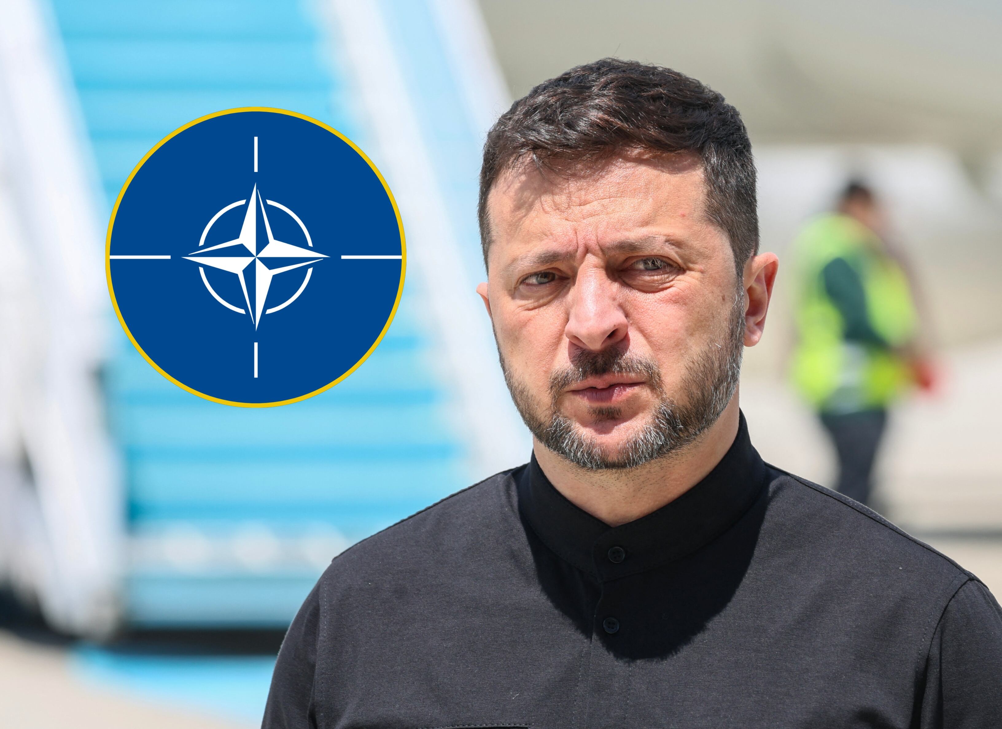 Presidente ucraniano Volodímir Zelenski. FOTO: ADEM ALTAN/AFP via Getty Images. // Logo OTAN. Página oficial