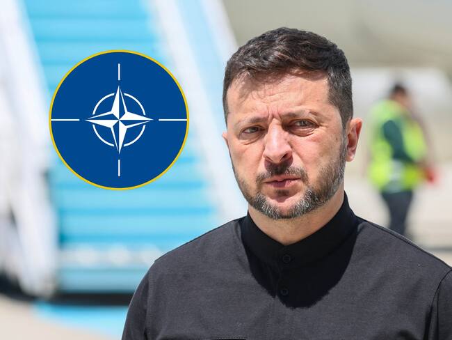 Presidente ucraniano Volodímir Zelenski. FOTO: ADEM ALTAN/AFP via Getty Images. // Logo OTAN. Página oficial