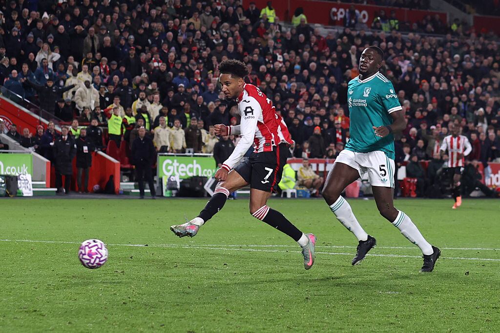 Kevin Schade of Brentford scoring the second goal for this team during the Premier League match between Brentford and Liverpool at Gtech Community Stadium on October 25, 2025 in Brentford, England. (Photo by Mark Leech/Offside/Offside via Getty Images)