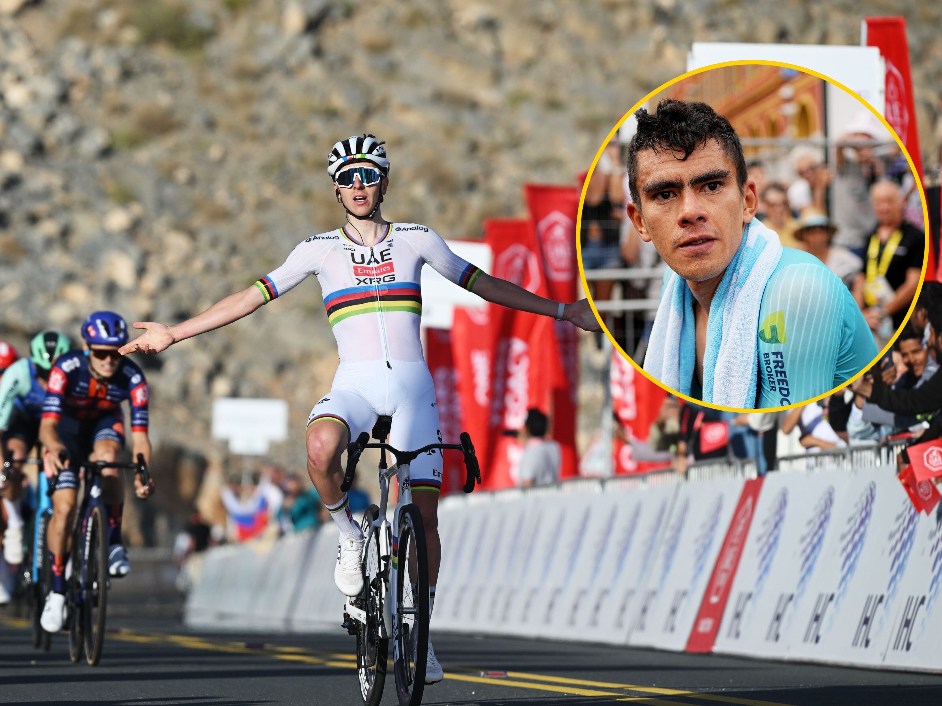 Tadej Pogacar en el tour de Emiratos. FOTO: Dario Belingheri/Getty Images. Harold Tejada, mejor colombiano. FOTO: Laurent Cipriani - Pool/Getty Images