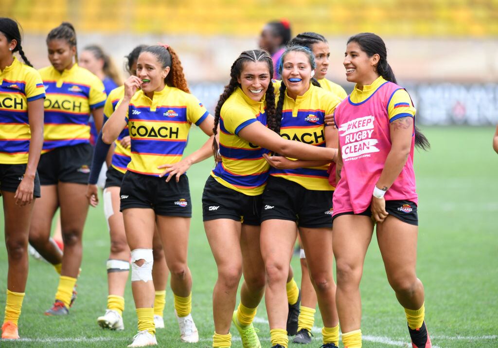 MONACO, MONACO - JUNE 20: Players of Colombia Women's National team at the end of the game during day three of the World Rugby Sevens Repechage match between France and Colombia - qualifier semifinal - on June 20, 2021 in Monaco, Monaco. (Photo by Giorgio Perottino - World Rugby/World Rugby via Getty Images )