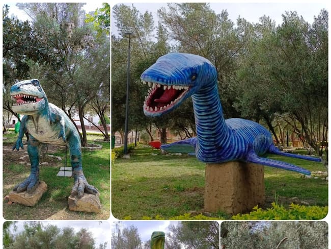 Ocho figuras a gran escala de algunos dinosaurios que habitaron el planeta, adornan el parque principal del municipio de Sáchica en Boyacá. / Foto: Suministrada.
