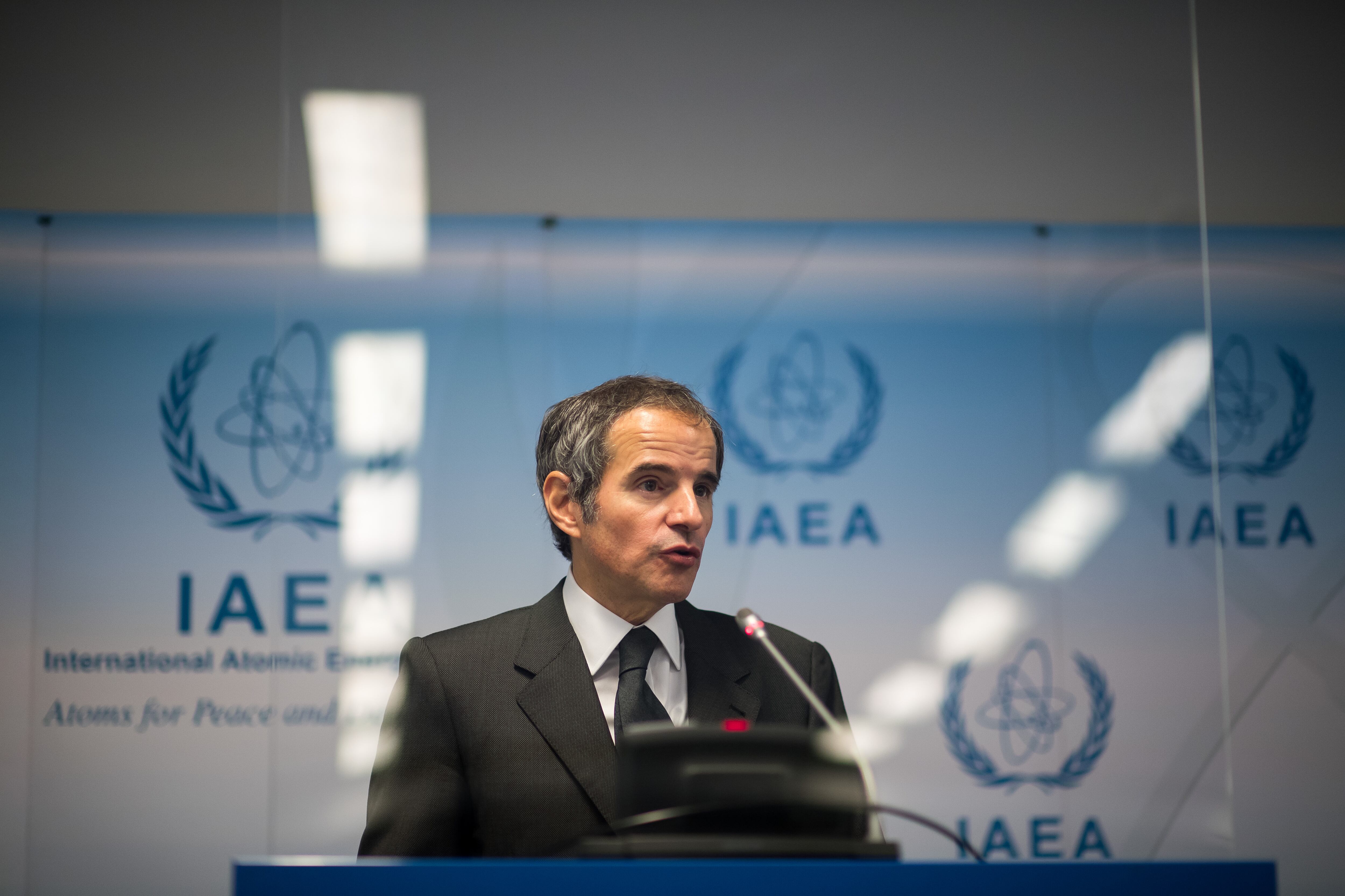VIENNA, AUSTRIA - MAY 24: Rafael Grossi, Director General of the International Atomic Energy Agency, speaks to the media about the agency monitoring of Iran's nuclear energy program on May 24, 2021 in Vienna, Austria. The IAEA has been in talks with Iran over extending the agency's monitoring program. Meanwhile Iranian and international representatives have been in talks in recent weeks in Vienna over reviving the JCPOA Iran nuclear deal. (Photo by Michael Gruber/Getty Images)
