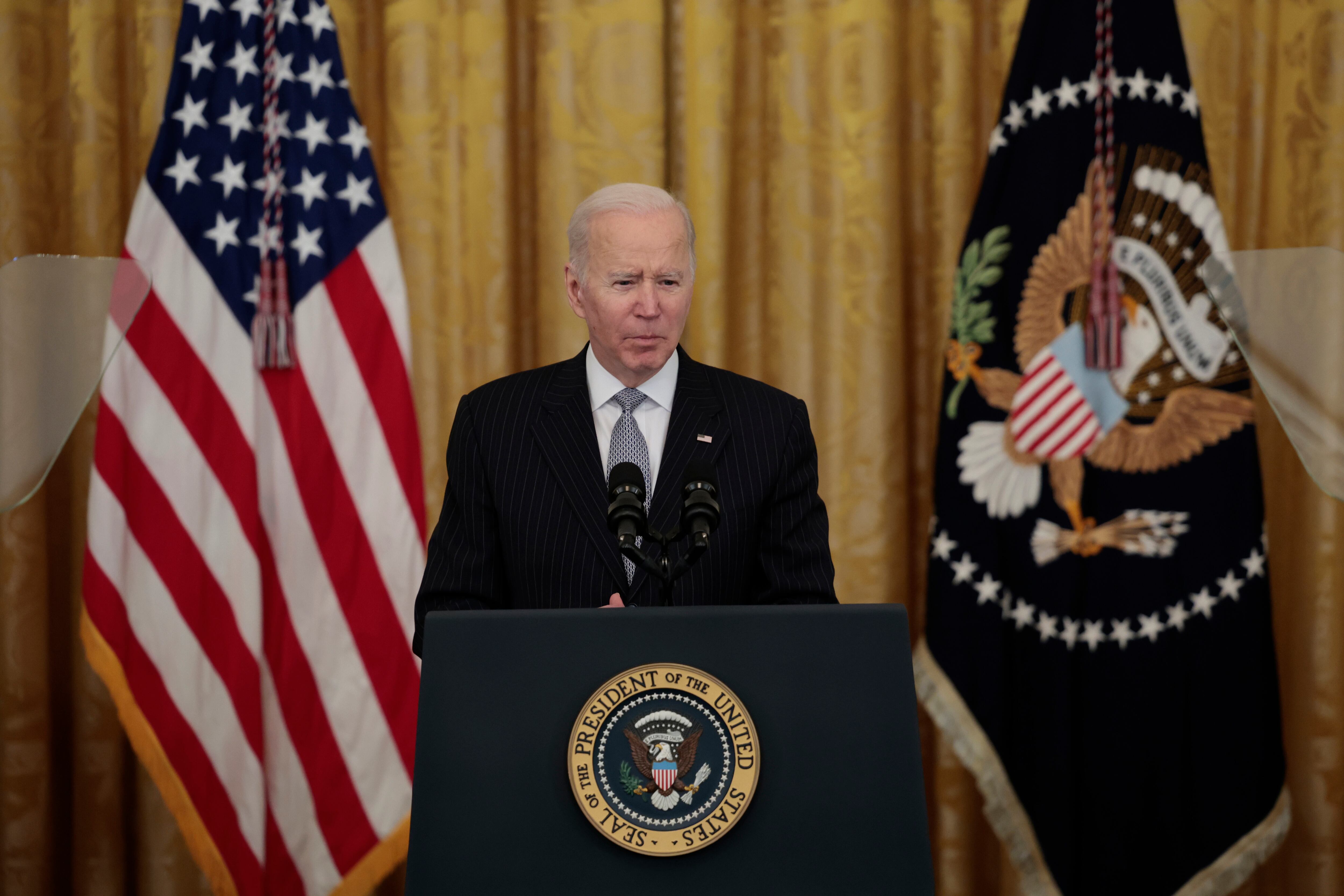 WASHINGTON, DC - FEBRUARY 02: U.S. President Joe Biden gives remarks during a Cancer Moonshot initiative event in the East Room of the White House on February 02, 2022 in Washington, DC. During the event, President Biden announced the administration’s new goals for the initiative that includes reducing the death rate from cancer over the next 25 years and improving the quality of life for people who have survived cancer or are living with it. The initiative was started by Biden when he was the Vice President in 2016. (Photo by Anna Moneymaker/Getty Images)