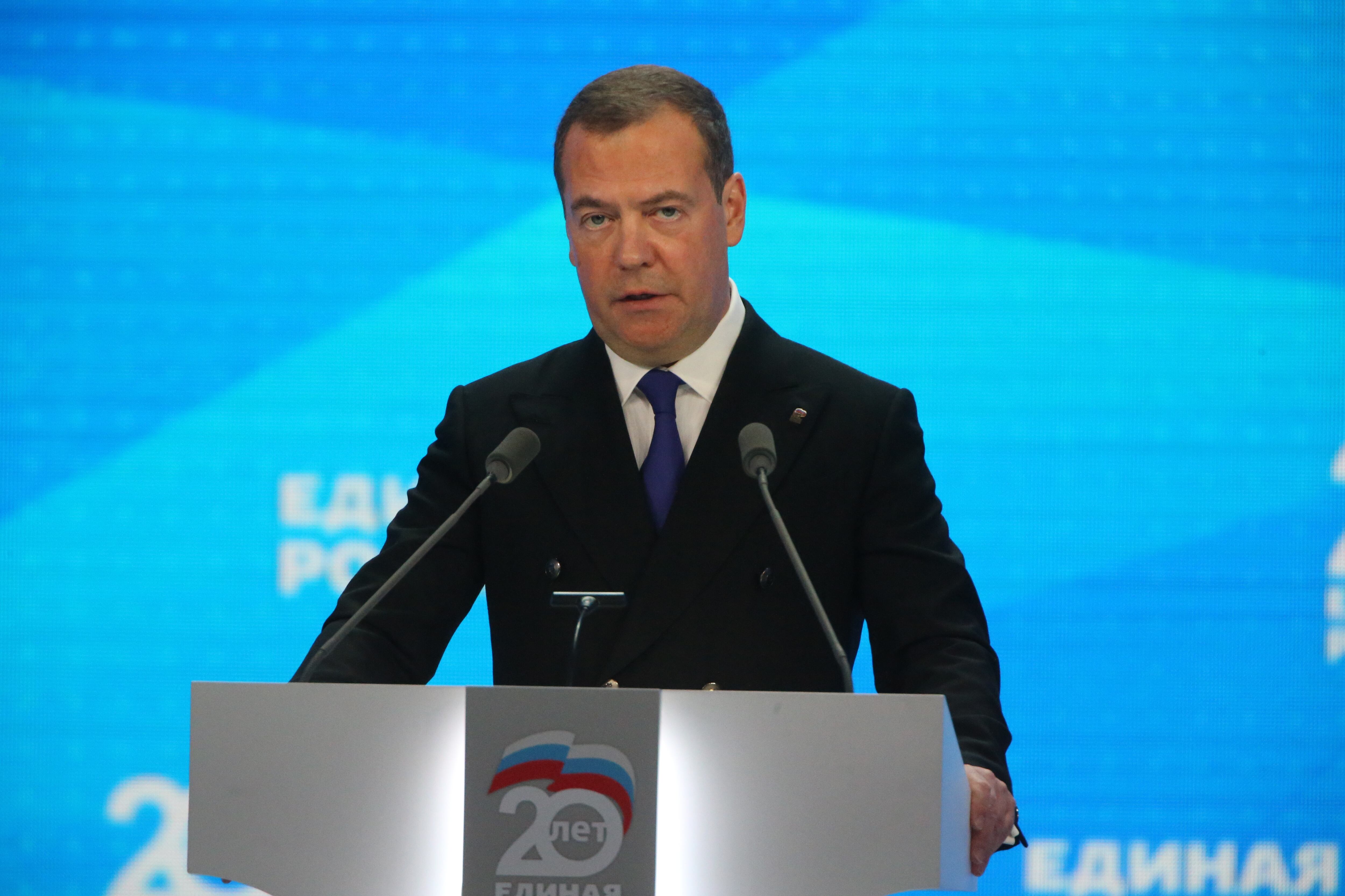 MOSCOW, RUSSIA - DECEMBER,4 (RUSSIA OUT): The United Russia Party Leader Dmitry Medvedev speeches during the Congress of The United Russia Party, on December,4,2021, in Moscow, Russia. Members of Kremlin-backed party, marking its 20th anniversary, gathered in Moscow for a party congress despite the rise of the coronavirus pandemic. (Photo by Mikhail Svetlov/Getty Images)