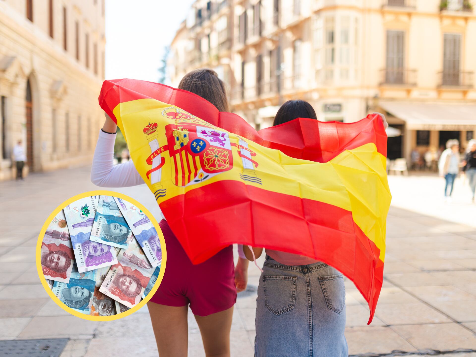 Turistas con la bandera de España junto a dinero colombiano (GettyImages)