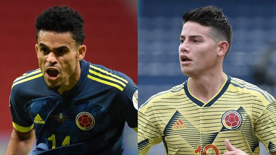 Jugadores de la Selección Colombia Luis Díaz y James Rodríguez. Foto: Pedro Vilela/Getty Images - Gabriel Aponte/Getty Images