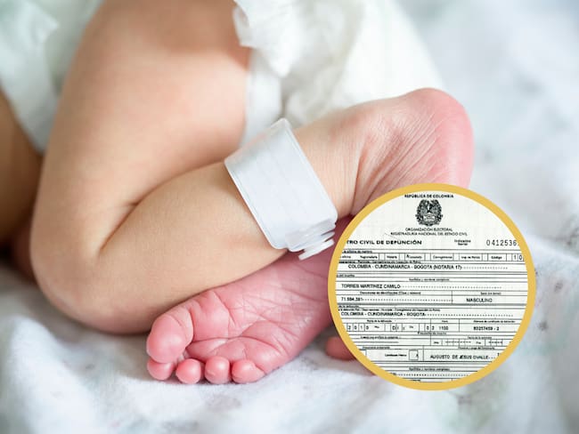 Bebé recién nacido con una tarjeta de identificación en su pierna. En el círculo, documento de Registraduría Nacional del Estado Civil (GettyImages / Colprensa)