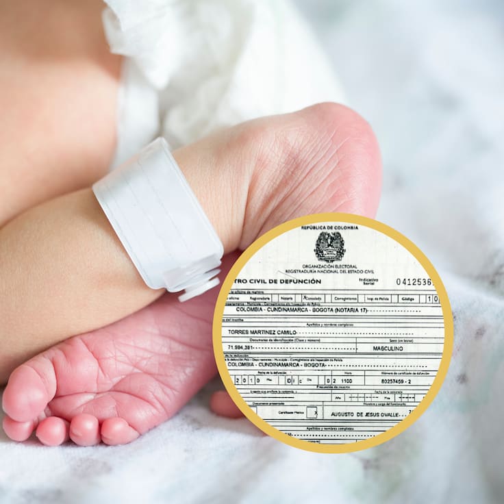 Bebé recién nacido con una tarjeta de identificación en su pierna. En el círculo, documento de Registraduría Nacional del Estado Civil (GettyImages / Colprensa)