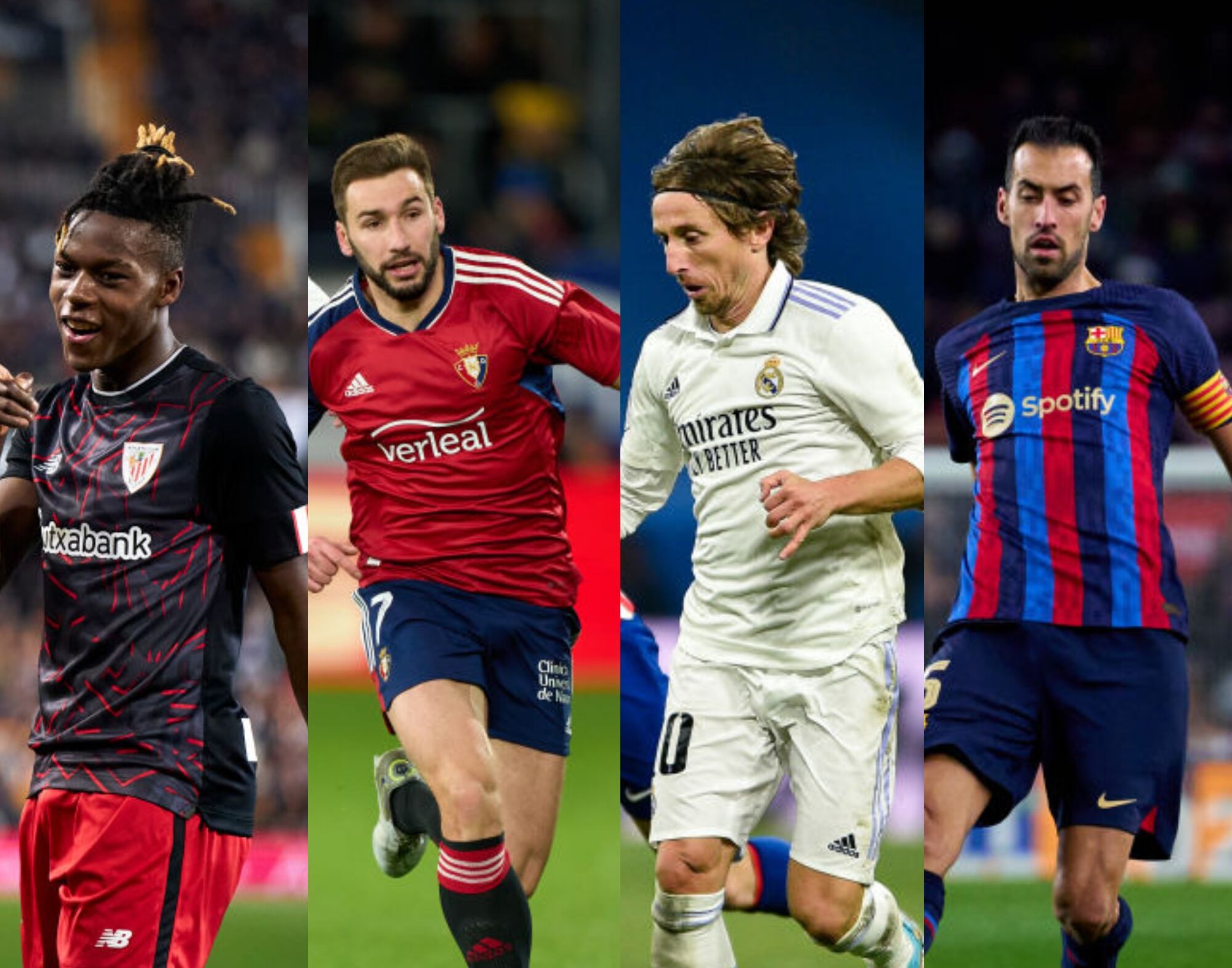 Semifinales Copa del Rey 2023.  Nicholas Williams del Athletic Club, Jon Moncayola de Osasuna, Luka Modric del Real Madrid y Sergio Busquets del Barcelona. Fotos: Getty Images.