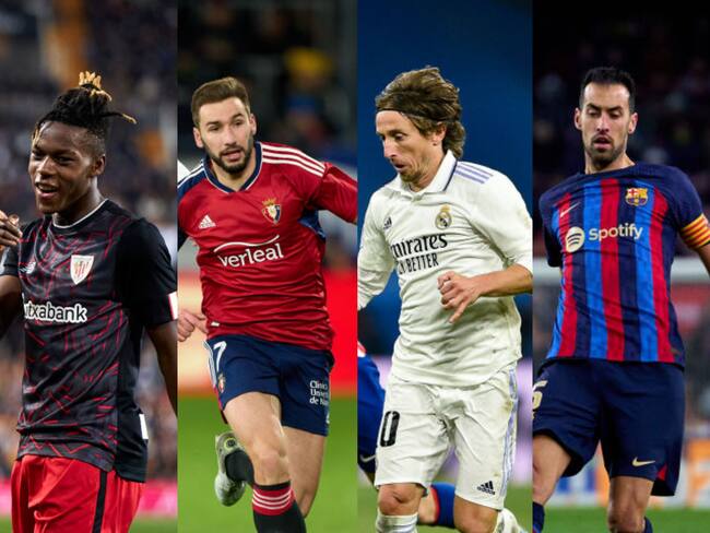 Semifinales Copa del Rey 2023. Nicholas Williams del Athletic Club, Jon Moncayola de Osasuna, Luka Modric del Real Madrid y Sergio Busquets del Barcelona. Fotos: Getty Images.