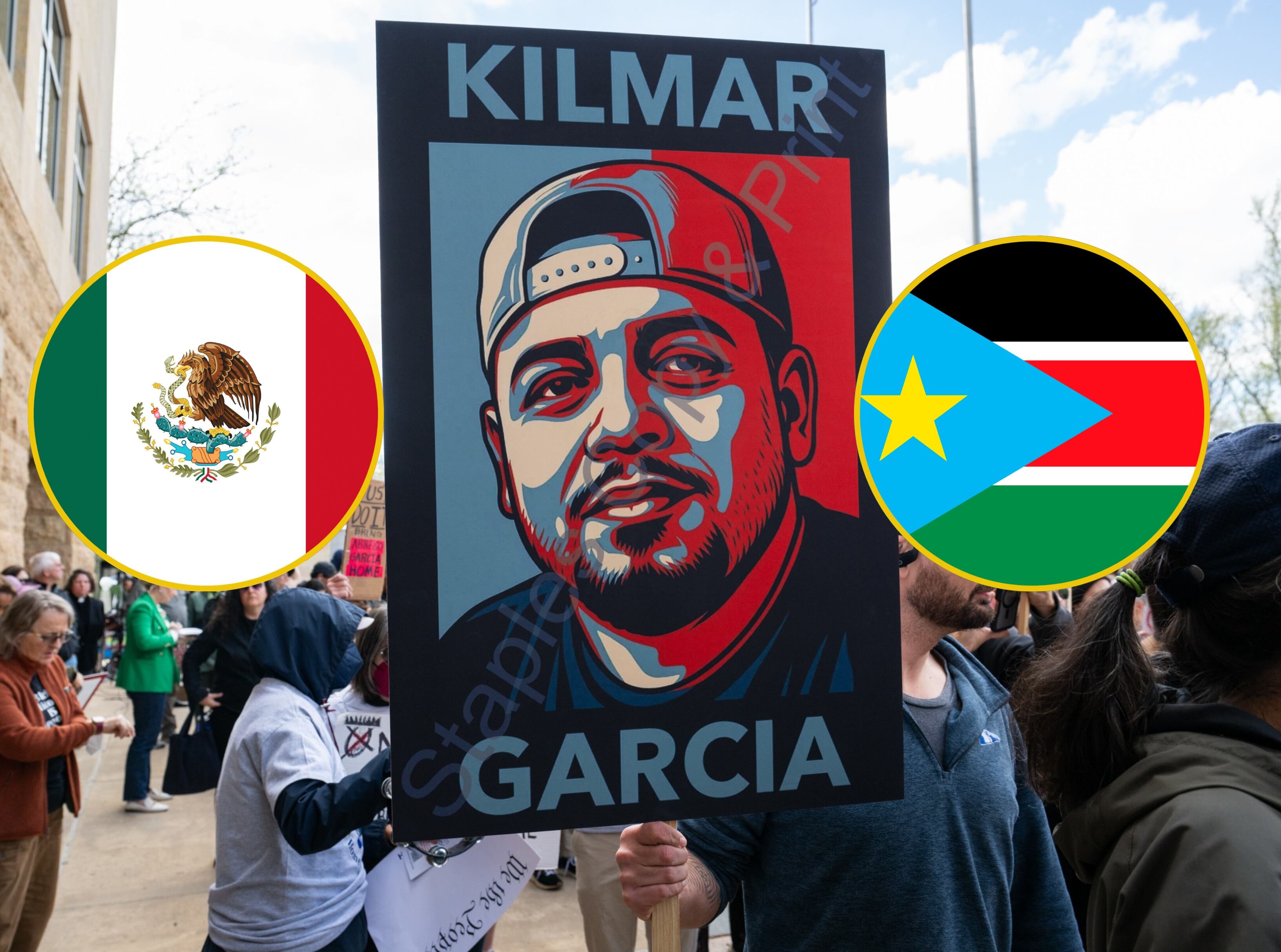 Cartel con la imagen de Kilmar Ábrego García, migrante salvadoreño. FOTO: EFE/ Annabelle Gordon ARCHIVO