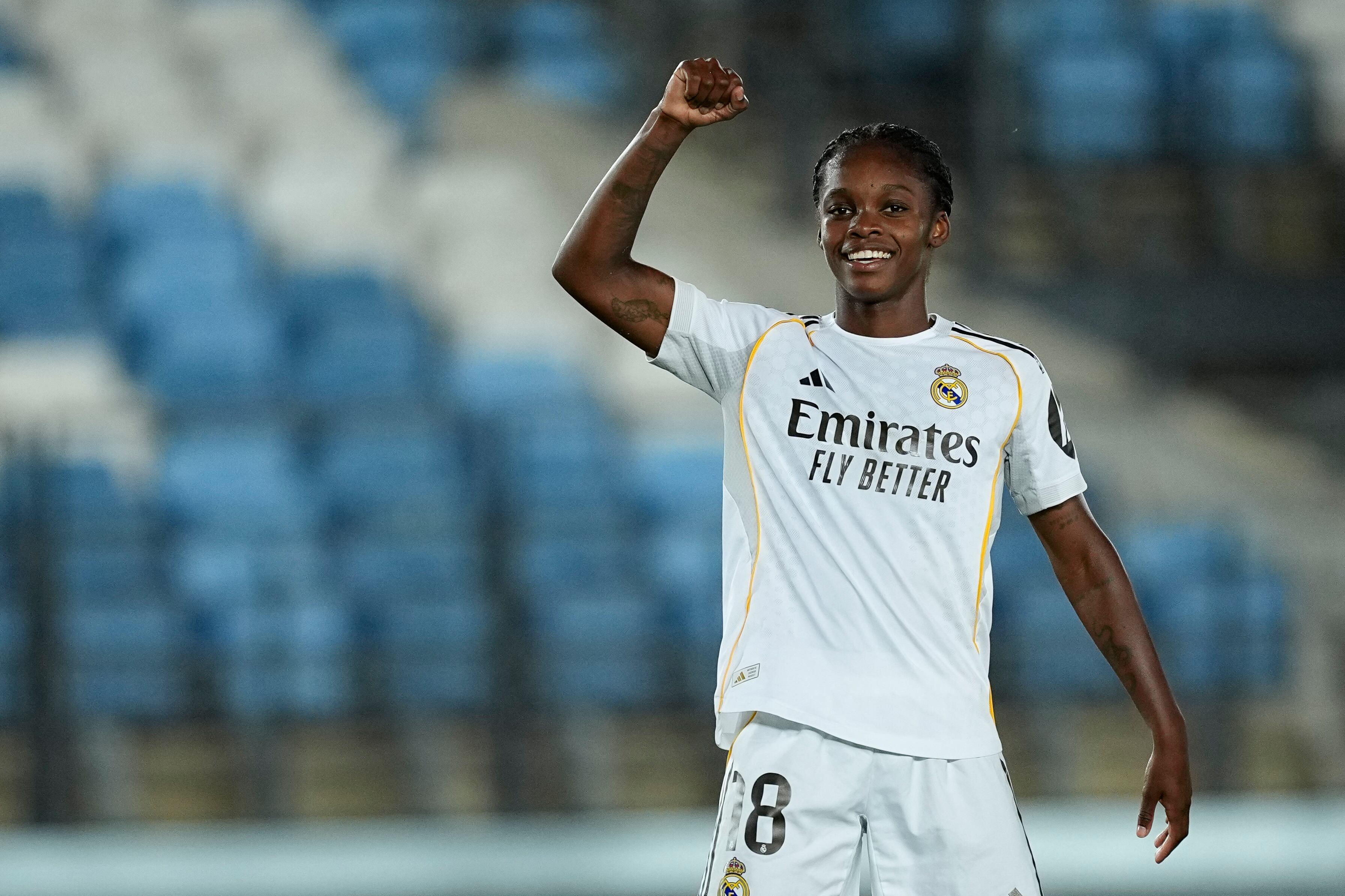 Linda Caicedo celebra su gol ante el Eintracht Frankfurt por la Champions League. FOTO: By Oscar J. Barroso/Europa Press vía Getty Images