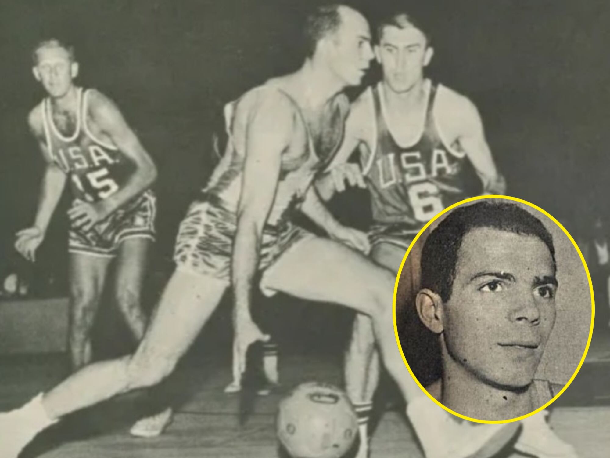 Fotografía de Amaury Pasos jugando baloncesto. I Foto: Federación Internacional de Baloncesto. En el círculo amarillo esta la foto de Amaury Pasos de joven. I Foto: Olympedia.