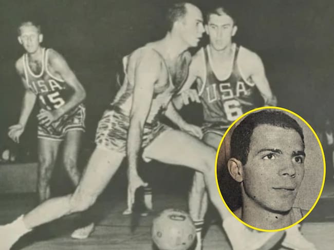 Fotografía de Amaury Pasos jugando baloncesto. I Foto: Federación Internacional de Baloncesto. En el círculo amarillo esta la foto de Amaury Pasos de joven. I Foto: Olympedia.