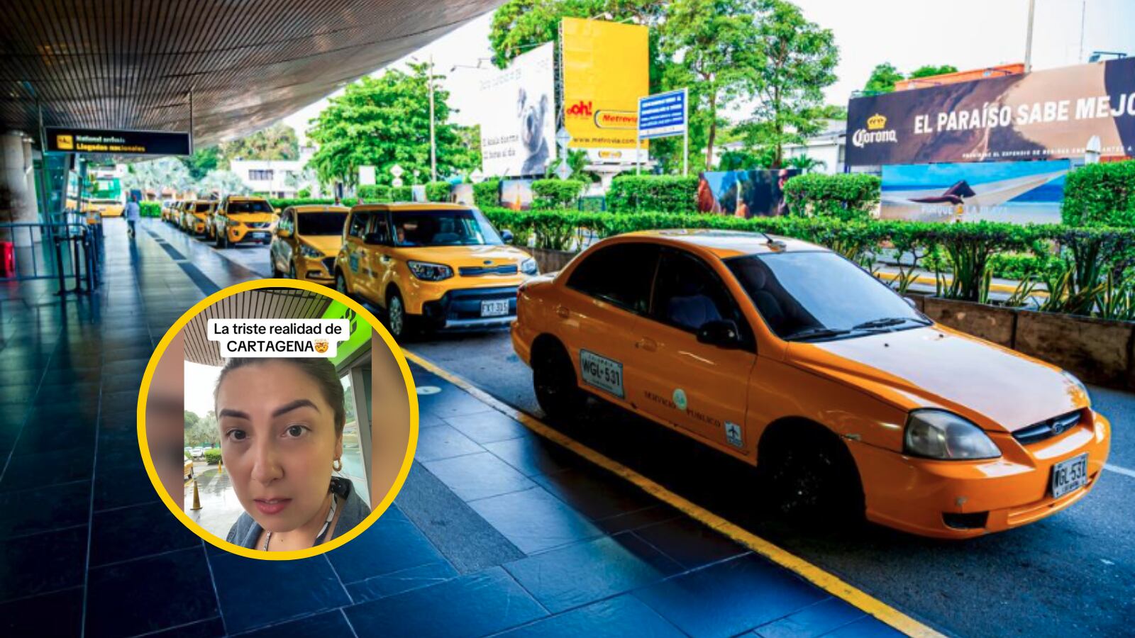 Turista denuncia cobro excesivo en taxis del aeropuerto de Cartagena | Foto taxis: OINAC - Turista: Captura de video.