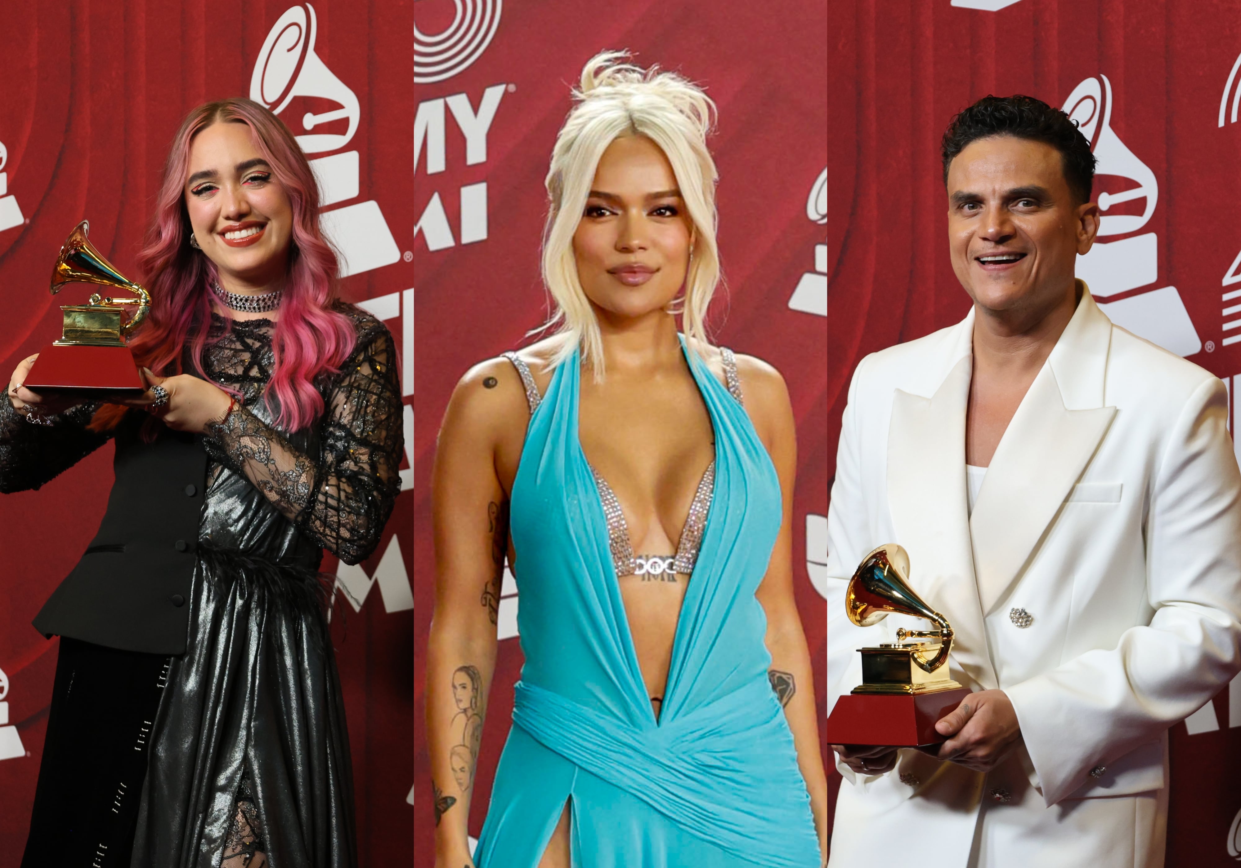 Las colombianas Ela Taubert y Karol G, y el colombiano Silvestre Dangond, ganadores de la edición 25 de los Latin Grammy. (EFE)
