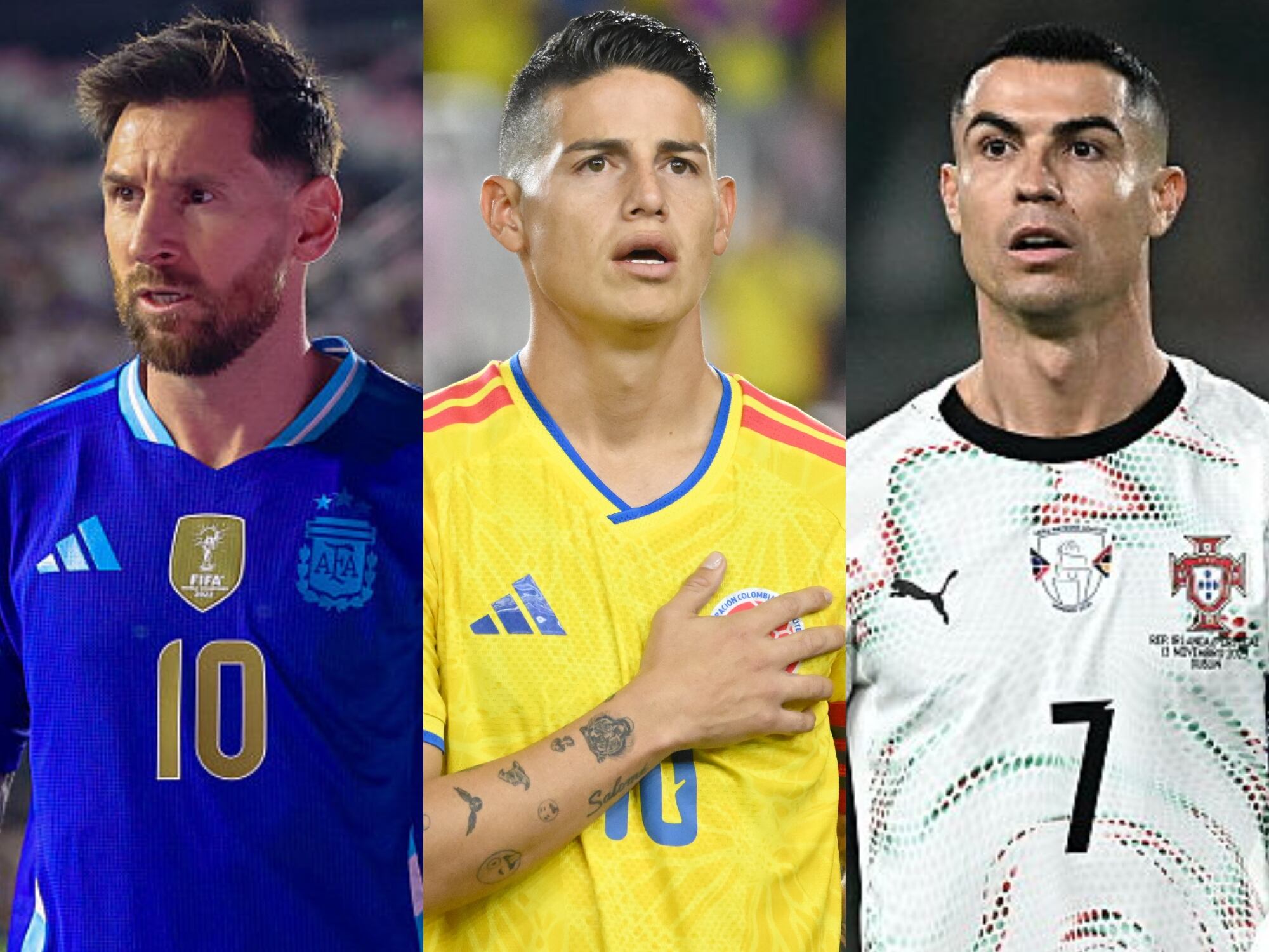 Lionel Messi, James Rodríguez y Cristiano Ronaldo, jugadores que estarán en el Mundial de 2026. Fotos: EFE y Getty Images.