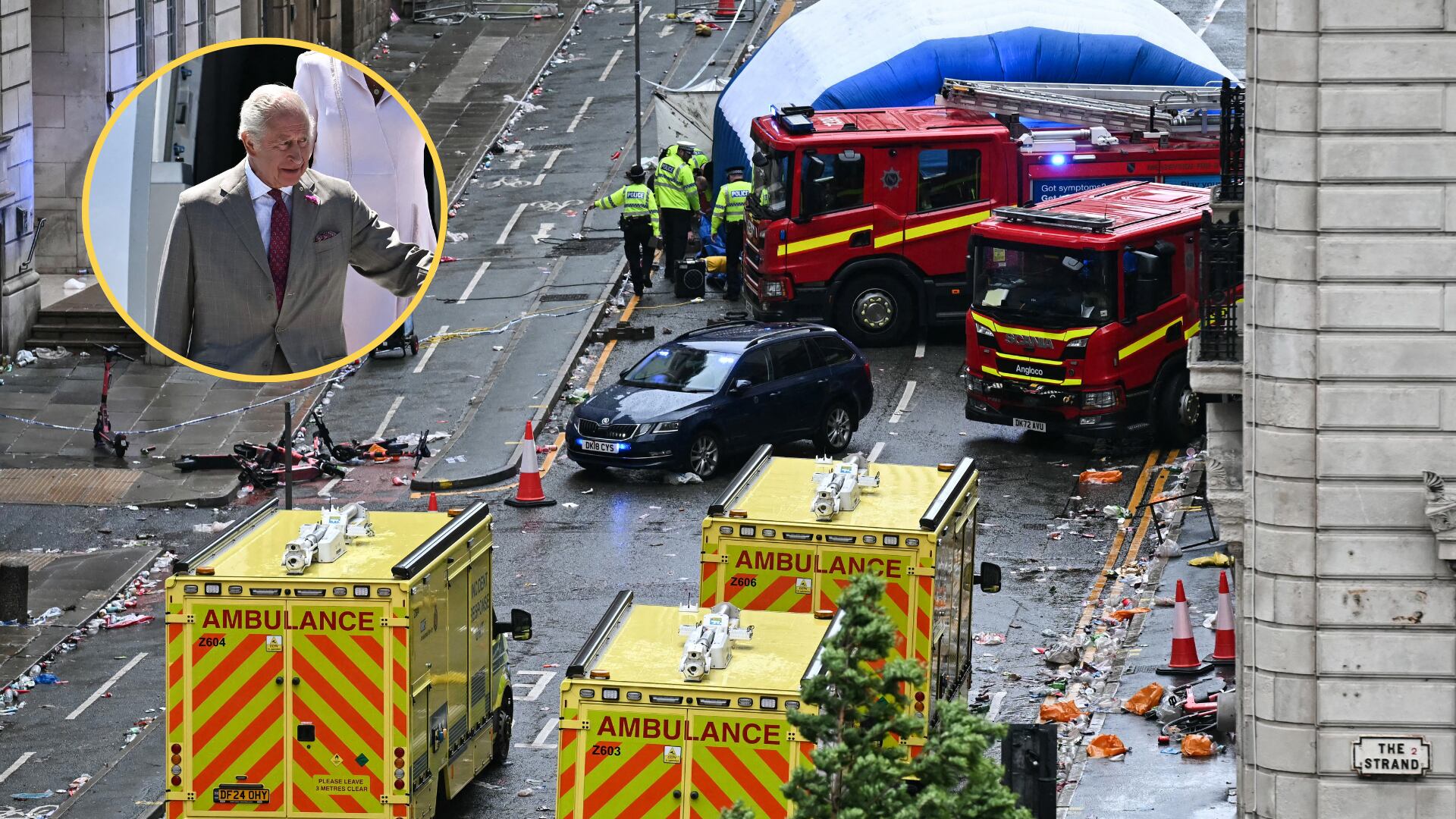 Atropello masivo en Liverpool. Foto: PAUL ELLIS/AFP via Getty Images - Carlos III. Foto: BEN STANSALL/AFP via Getty Images.