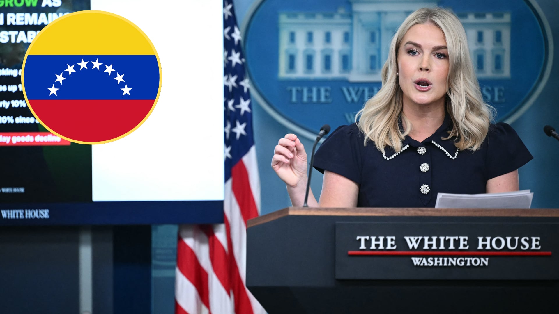 Karoline Leavitt, portavoz de la Casa Blanca, bandera de Venezuela. Foto: MANDEL NGAN/AFP via Getty Images