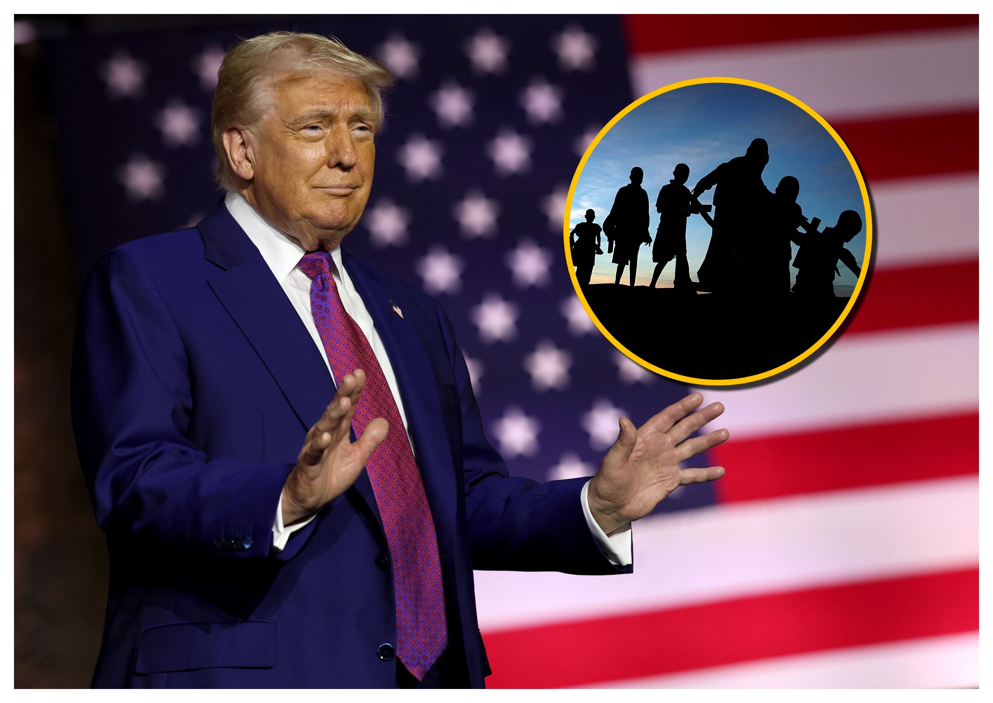 Donald Trump y referencia migrantes. Foto: Win McNamee/Getty Images y SimpleImages. 