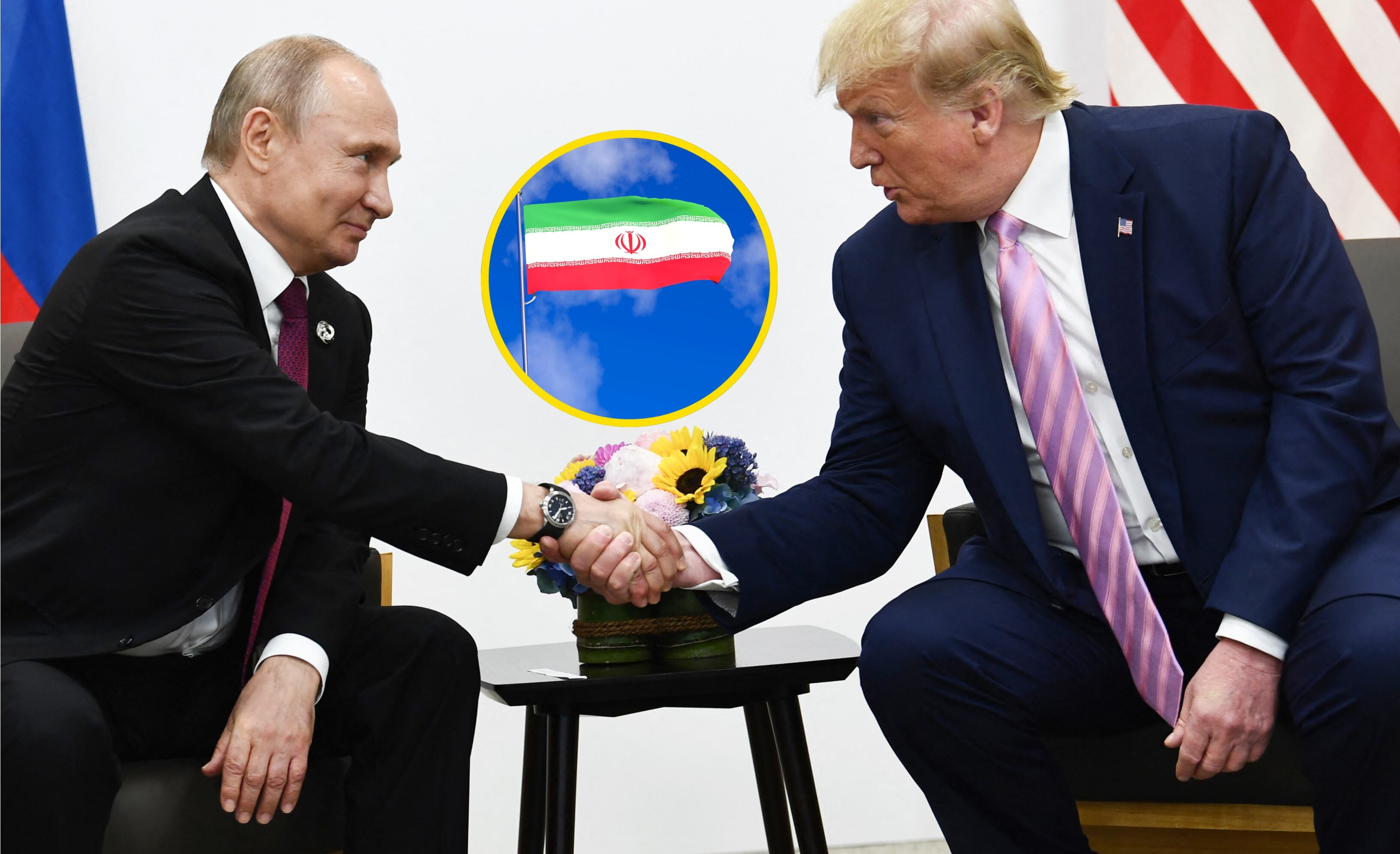 Vladímir Putin, Donald Trump y bandera de Irán. Foto: BRENDAN SMIALOWSKI/AFP/ Wong Yu Liang vía Getty Images. 