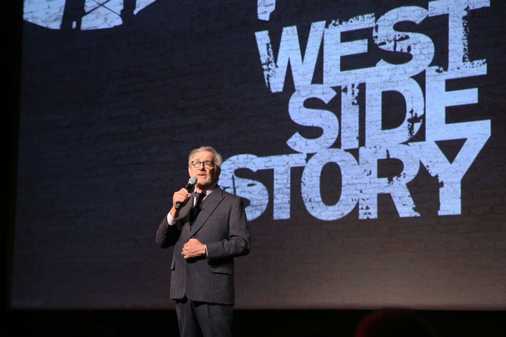 LOS ANGELES, CALIFORNIA - DECEMBER 07: Director Steven Spielberg speaks onstage at the Los Angeles premiere of West Side Story, held at the El Capitan Theatre in Hollywood, California on December 07, 2021. (Photo by Jesse Grant/Getty Images for 20th Century Studios)