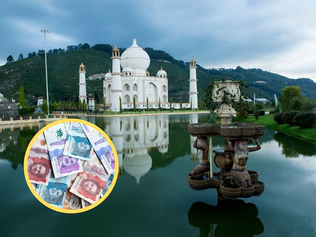 Vista de la réplica del Taj Mahal en el Parque Jaime Duque. En el círculo, imagen de billetes colombianos (Foto vía GettyImages)