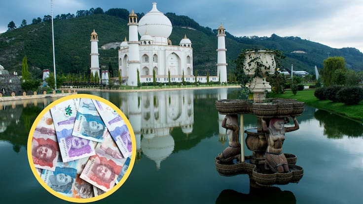 Vista de la réplica del Taj Mahal en el Parque Jaime Duque. En el círculo, imagen de billetes colombianos (Foto vía GettyImages)
