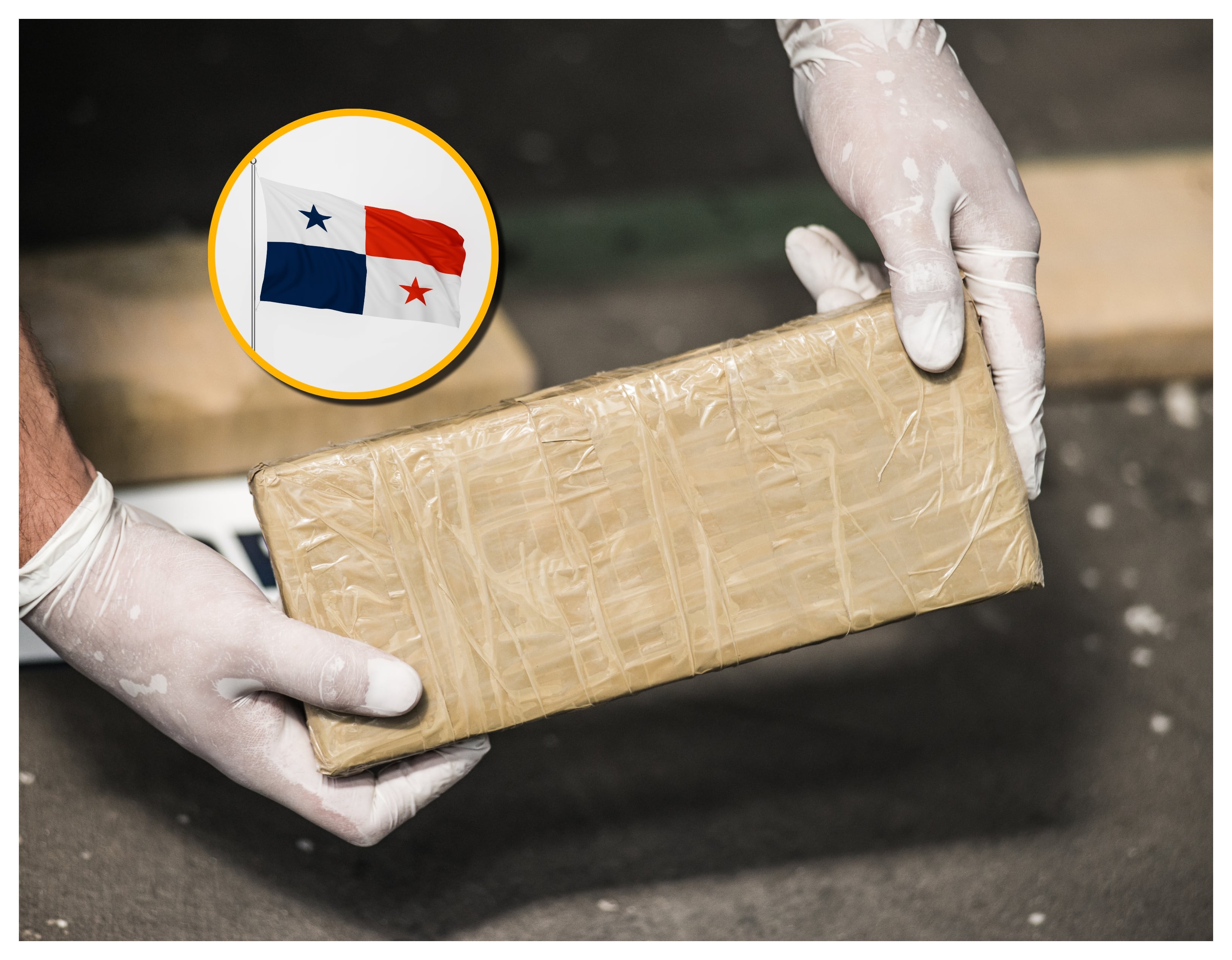 Referencia de paquete de droga y bandera de Panamá. Foto: Lucas Ninno y Wong Yu Liang vía Getty images.