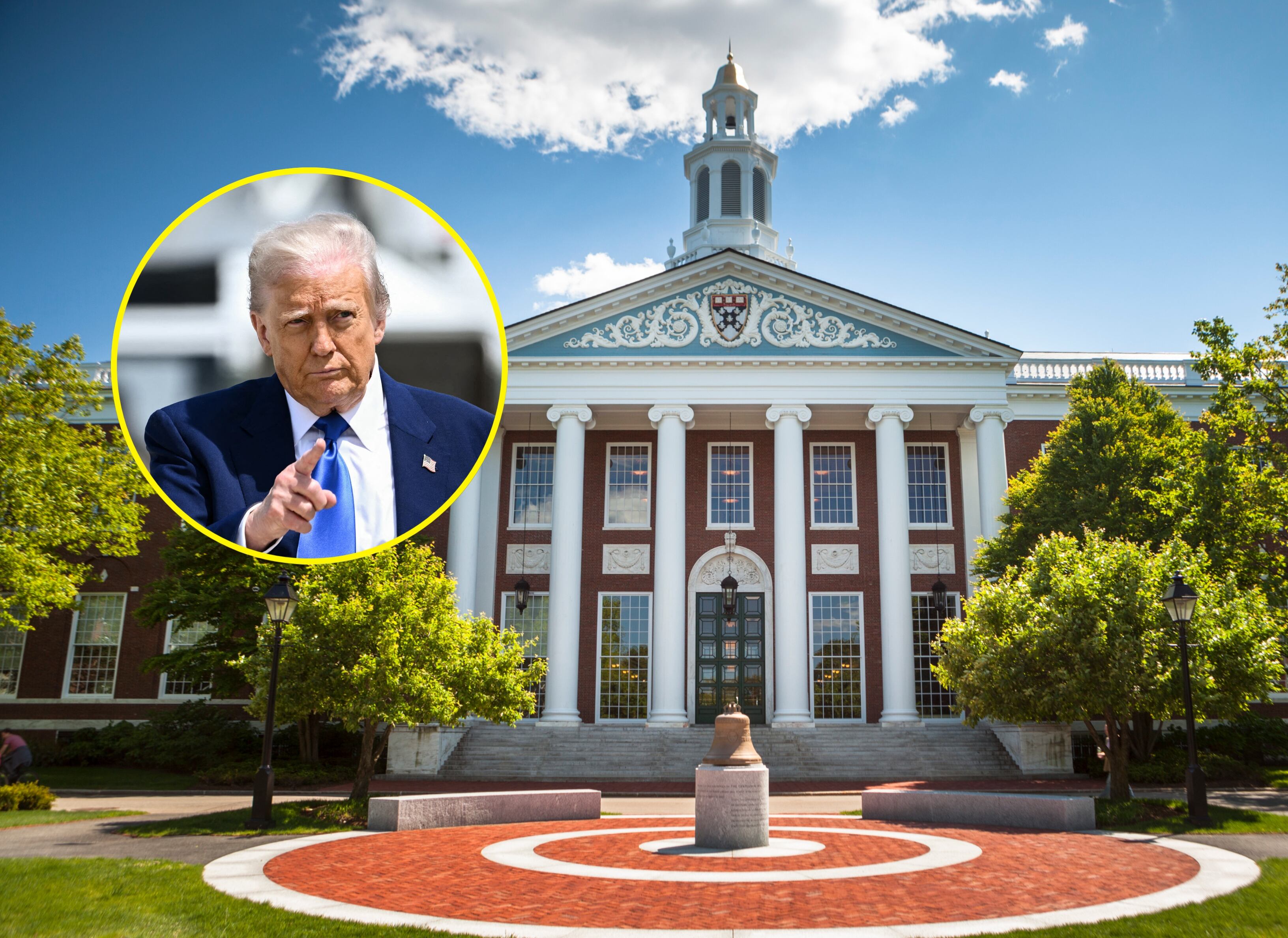 Universidad de Harvard. FOTO: Getty Images. // Presidente estadounidense Donald Trump. FOTO: BRENDAN SMIALOWSKI/AFP via Getty Images