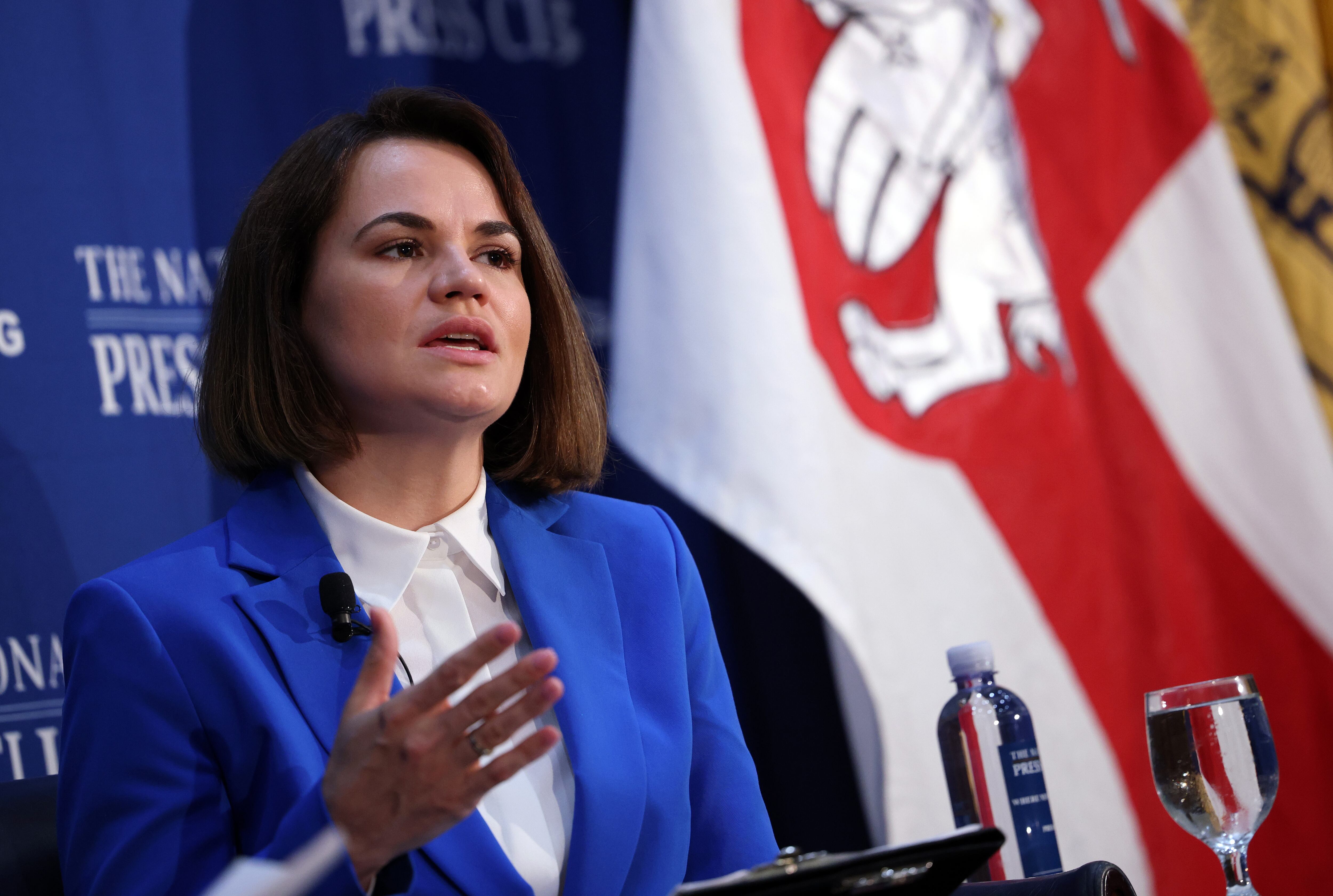 WASHINGTON, DC - JULY 20: Belarus Opposition Leader Svetlana Tikhanovskaya speaks at a news conference on the continuing unrest in Belarus at the National Press Club on July 20, 2021 in Washington, DC. Tikhanovskaya spoke about the ongoing political turmoil in Belarus and attacks on the news media following last year's presidential election that she claims to have won by an overwhelming majority of the popular vote against incumbent Alexander Lukashenko. (Photo by Kevin Dietsch/Getty Images)