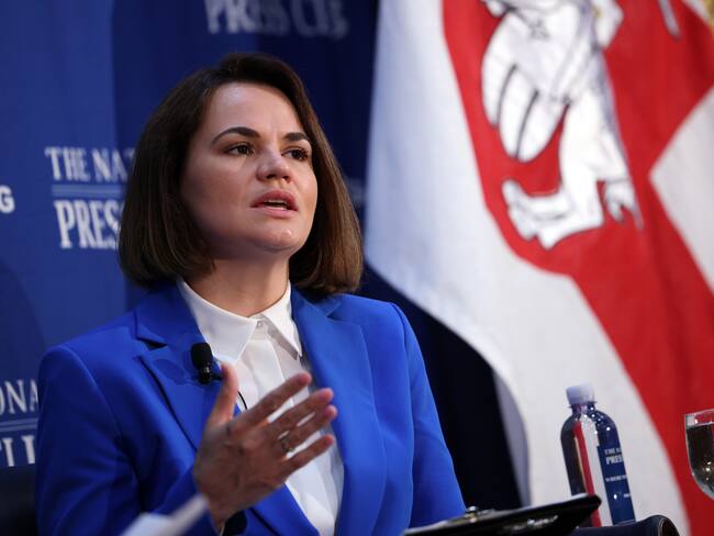 WASHINGTON, DC - JULY 20: Belarus Opposition Leader Svetlana Tikhanovskaya speaks at a news conference on the continuing unrest in Belarus at the National Press Club on July 20, 2021 in Washington, DC. Tikhanovskaya spoke about the ongoing political turmoil in Belarus and attacks on the news media following last year's presidential election that she claims to have won by an overwhelming majority of the popular vote against incumbent Alexander Lukashenko. (Photo by Kevin Dietsch/Getty Images)
